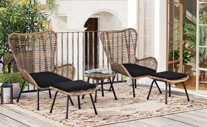 TOPMAX Outdoor Patio 5-Piece Rattan Conversation Set, PE Wicker Arm Chairs with Stools and Tempered Glass Tea Table for Balcony, Natural Rattan+Dark Gray