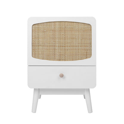 White Nightstand,  Bedside Table with Storage Drawe/ Rattan Door