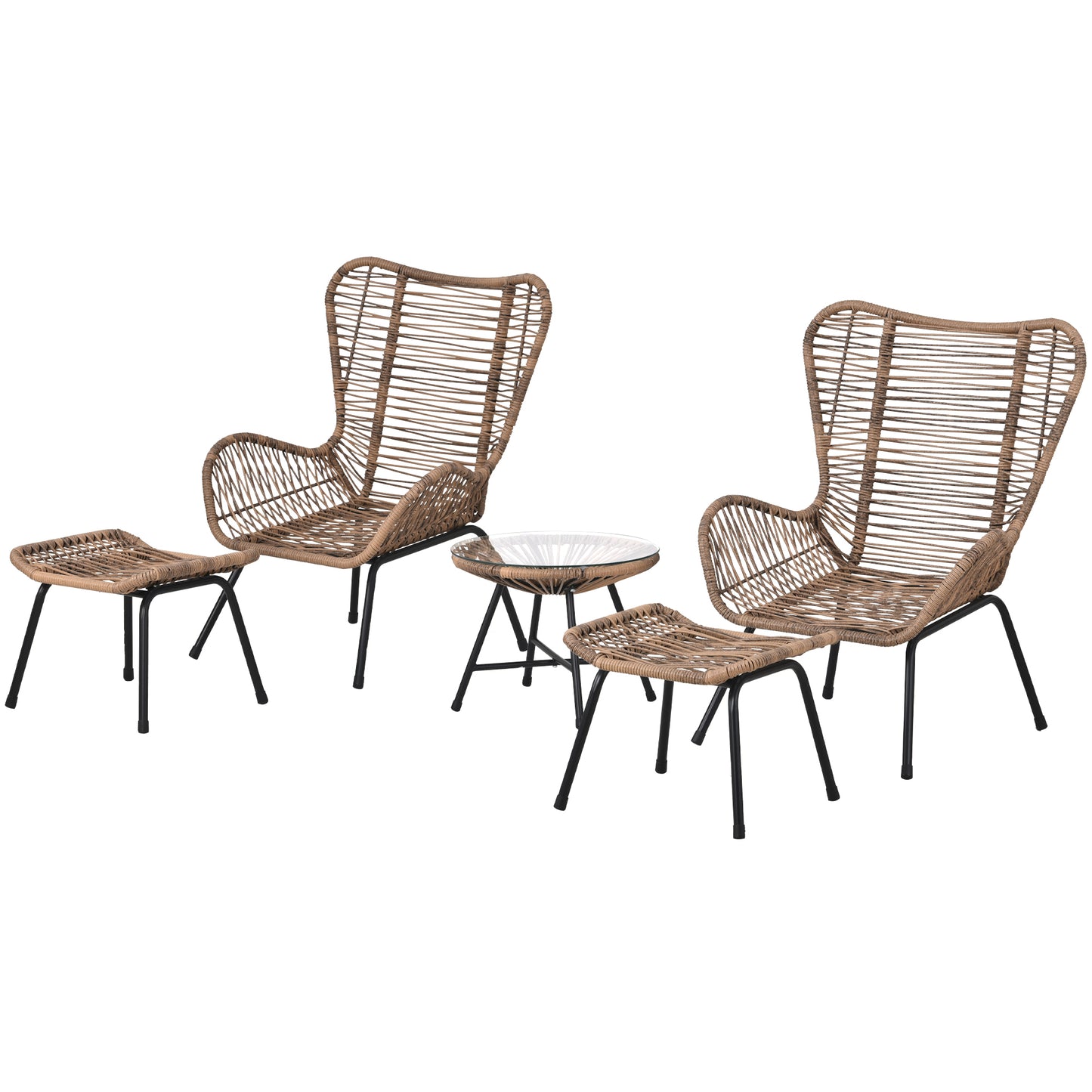 TOPMAX Outdoor Patio 5-Piece Rattan Conversation Set, PE Wicker Arm Chairs with Stools and Tempered Glass Tea Table for Balcony, Natural Rattan+Dark Gray