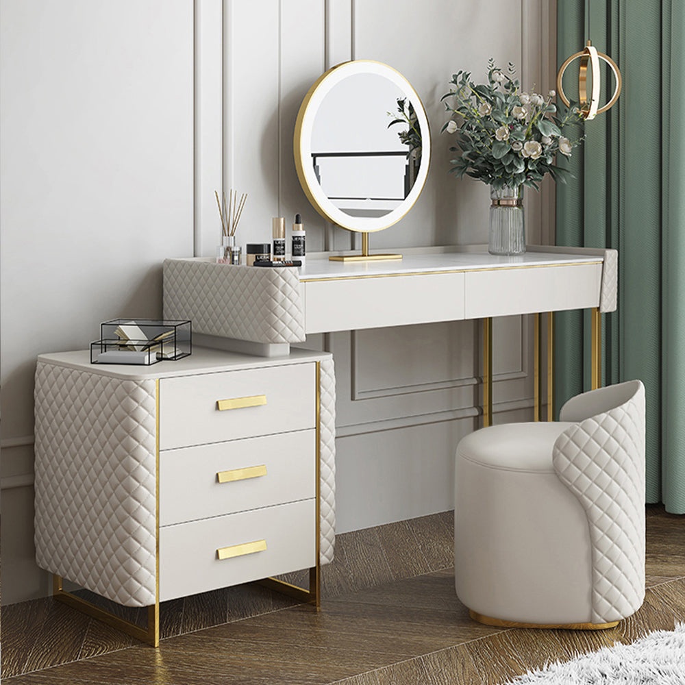 Luxury Makeup Vanity Set with LED Lighted Mirror, Side Cabinet and 5 Drawers, Modern Sintered Stone Dressing Table with Stool, 39.5", White