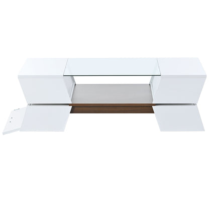 ON-TREND 6mm Glass-Top Coffee Table with Open Shelves and Cabinets, Geometric Style Cocktail Table with Great Storage Capacity, Modernist 2-Tier Center Table for Living Room, White