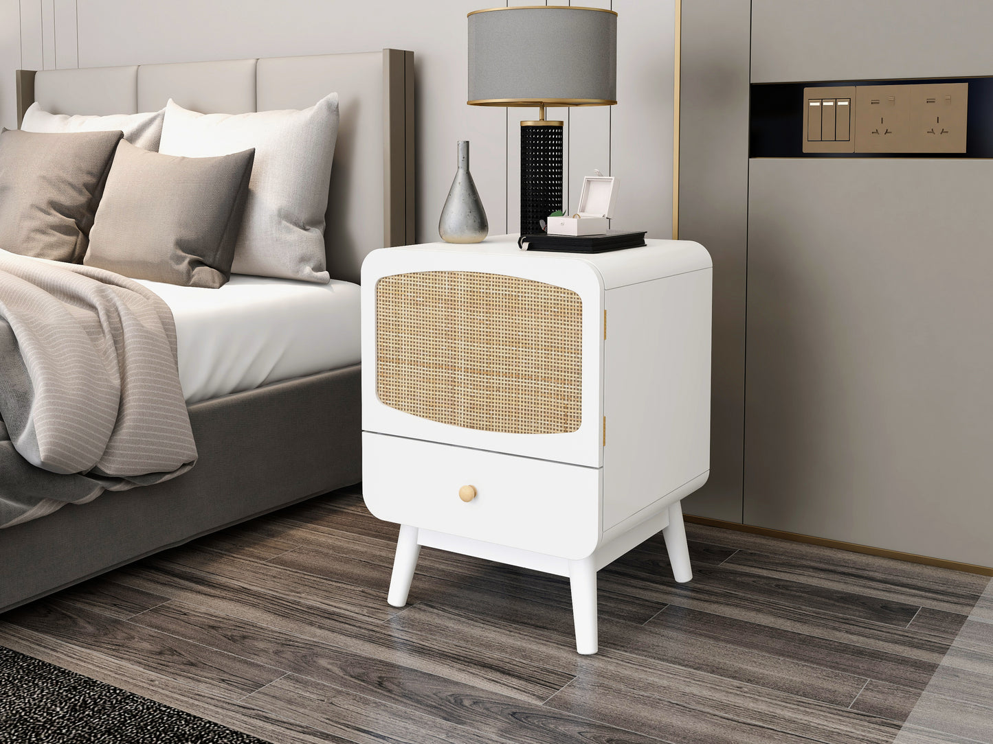 White Nightstand,  Bedside Table with Storage Drawe/ Rattan Door