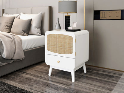 White Nightstand,  Bedside Table with Storage Drawe/ Rattan Door