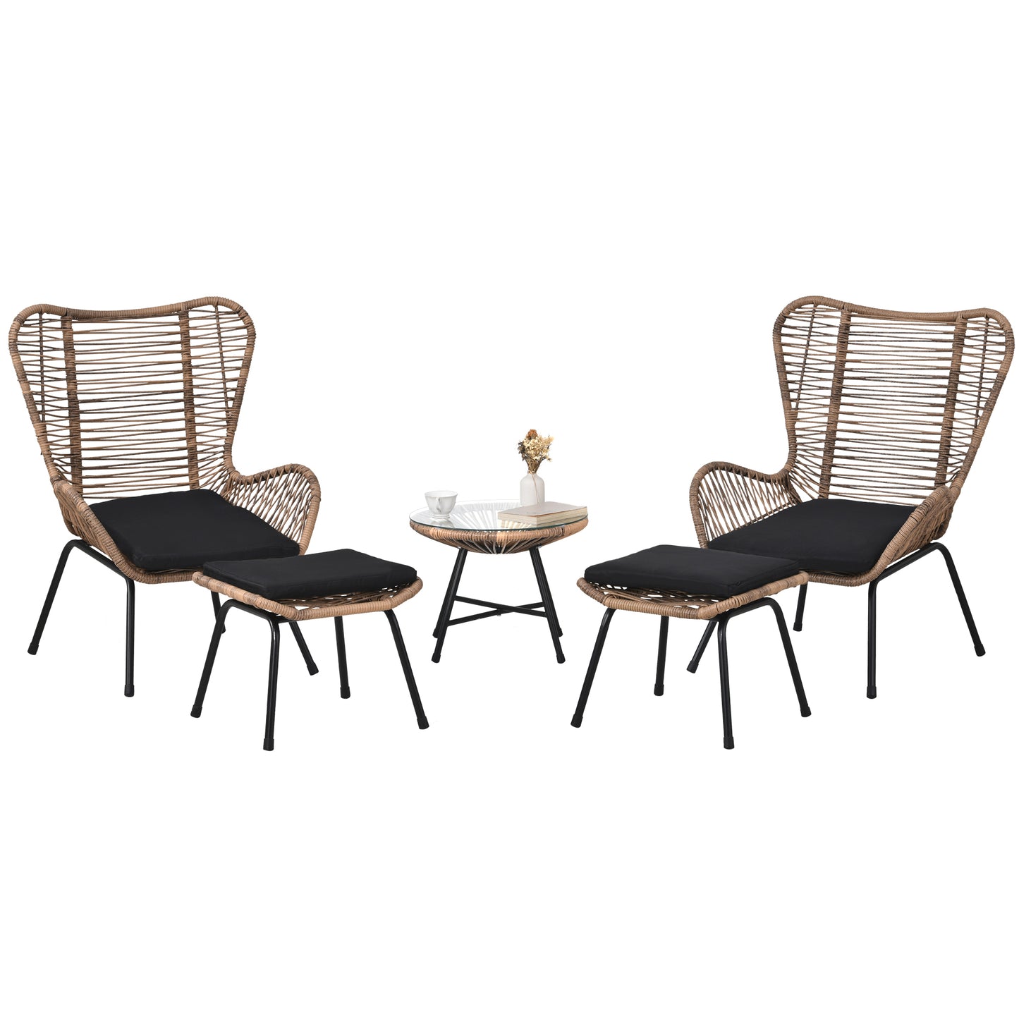 TOPMAX Outdoor Patio 5-Piece Rattan Conversation Set, PE Wicker Arm Chairs with Stools and Tempered Glass Tea Table for Balcony, Natural Rattan+Dark Gray