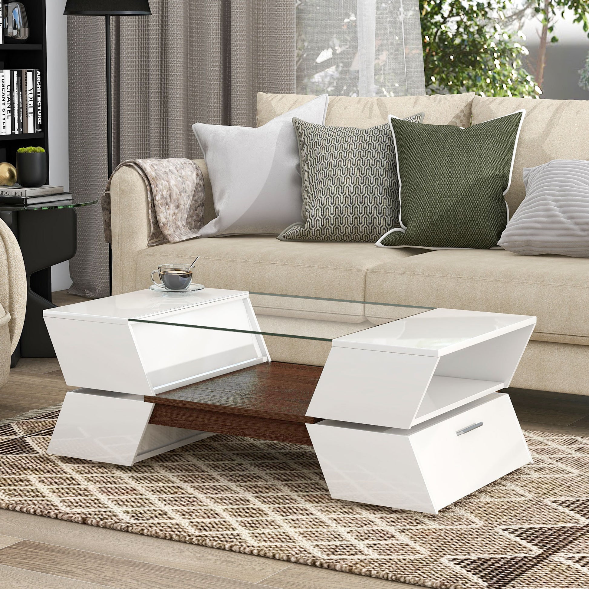 ON-TREND 6mm Glass-Top Coffee Table with Open Shelves and Cabinets, Geometric Style Cocktail Table with Great Storage Capacity, Modernist 2-Tier Center Table for Living Room, White