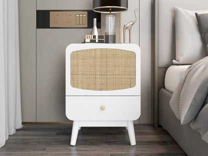 White Nightstand,  Bedside Table with Storage Drawe/ Rattan Door