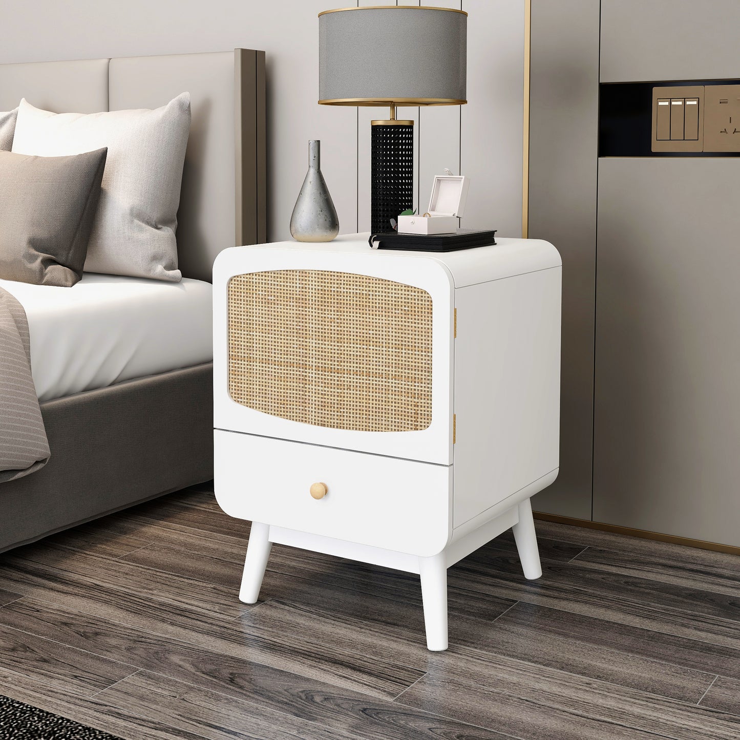 White Nightstand,  Bedside Table with Storage Drawe/ Rattan Door