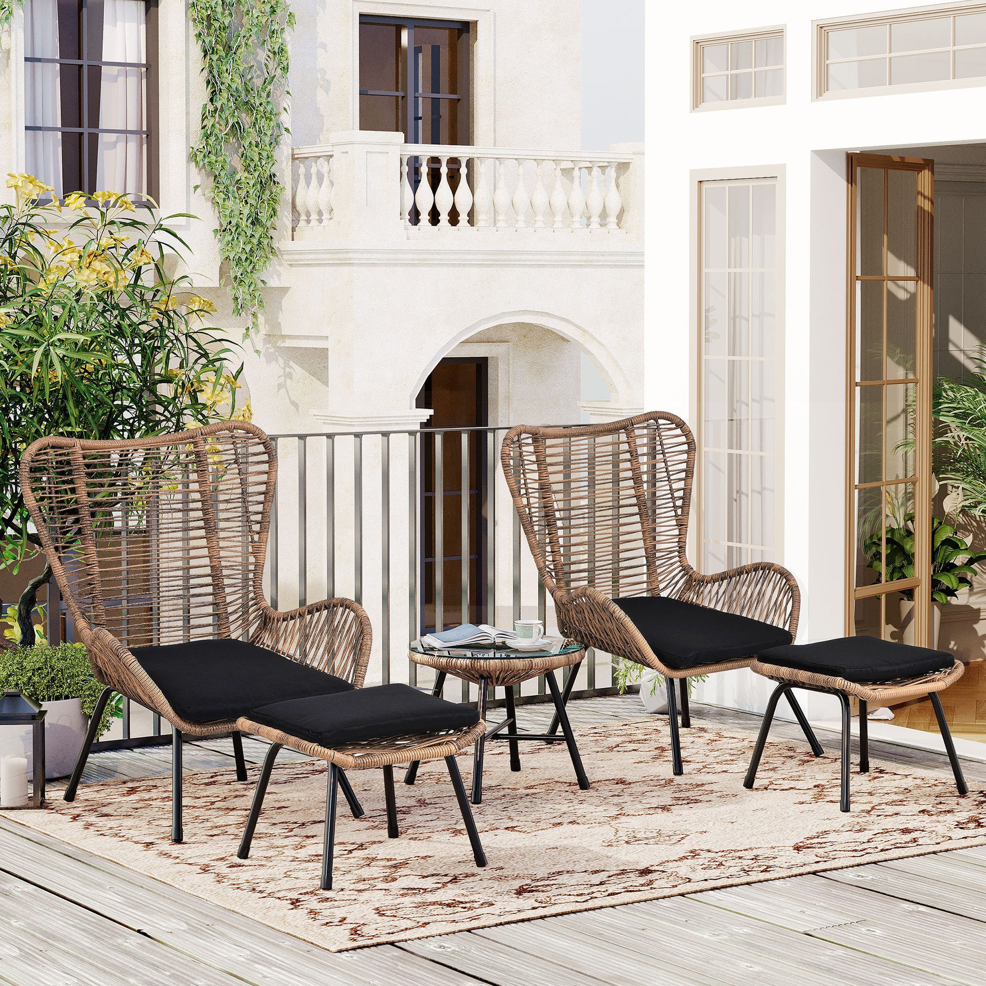 TOPMAX Outdoor Patio 5-Piece Rattan Conversation Set, PE Wicker Arm Chairs with Stools and Tempered Glass Tea Table for Balcony, Natural Rattan+Dark Gray