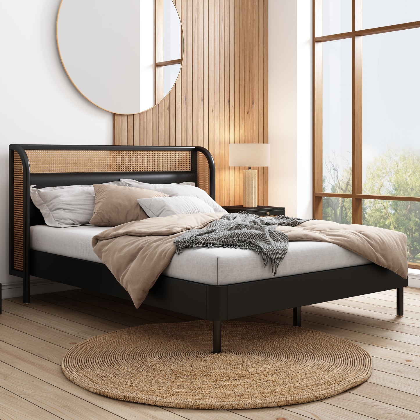 Yara Modern Cannage Rattan Wood Platform Queen Bed