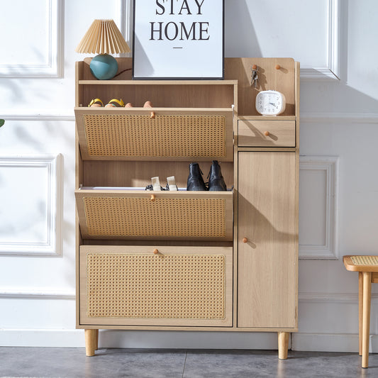 Modern simple storage cabinet MDF Board bedside cabinet Japanese rattan Shoe cabinet Small household furniture.Applicable to dressing table in bedroom, porch, living room.5 Drawers Cabinet door