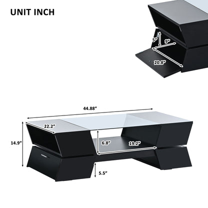 ON-TREND 6mm Glass-Top Coffee Table with Open Shelves and Cabinets, Geometric Style Cocktail Table with Great Storage Capacity, Modernist 2-Tier Center Table for Living Room, Black