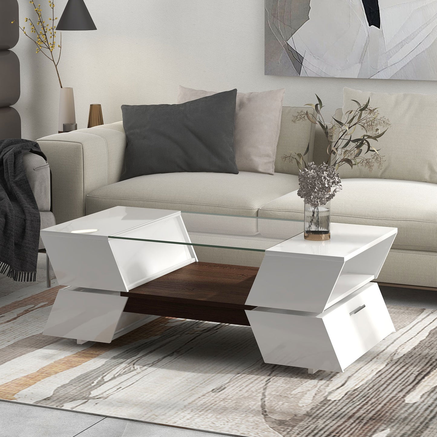 ON-TREND 6mm Glass-Top Coffee Table with Open Shelves and Cabinets, Geometric Style Cocktail Table with Great Storage Capacity, Modernist 2-Tier Center Table for Living Room, White