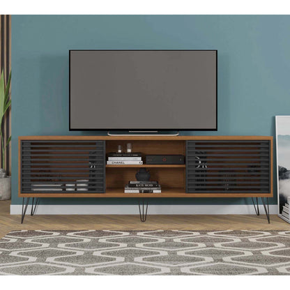 Arthur 71 Inch Handcrafted Wood TV Media Entertainment Console, Modern Slatted Doors, Single Shelf, Walnut Brown, Black