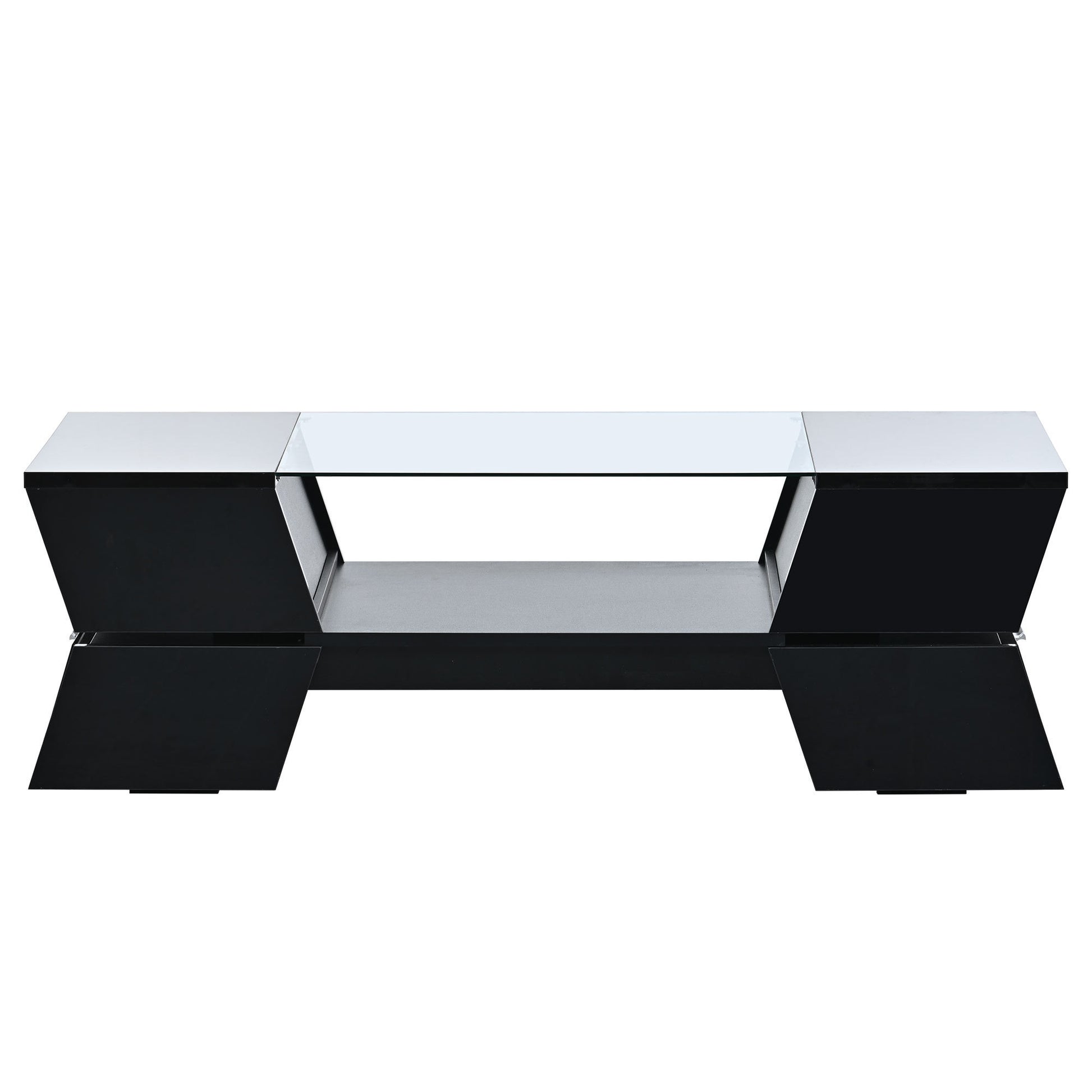 ON-TREND 6mm Glass-Top Coffee Table with Open Shelves and Cabinets, Geometric Style Cocktail Table with Great Storage Capacity, Modernist 2-Tier Center Table for Living Room, Black