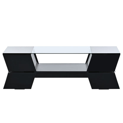 ON-TREND 6mm Glass-Top Coffee Table with Open Shelves and Cabinets, Geometric Style Cocktail Table with Great Storage Capacity, Modernist 2-Tier Center Table for Living Room, Black