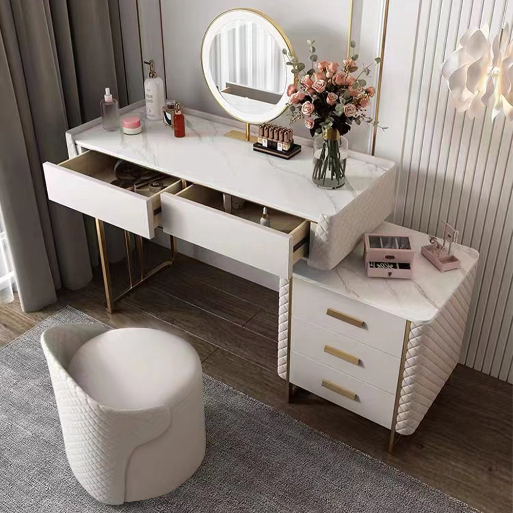 Luxury Makeup Vanity Set with LED Lighted Mirror, Side Cabinet and 5 Drawers, Modern Sintered Stone Dressing Table with Stool, 39.5", White