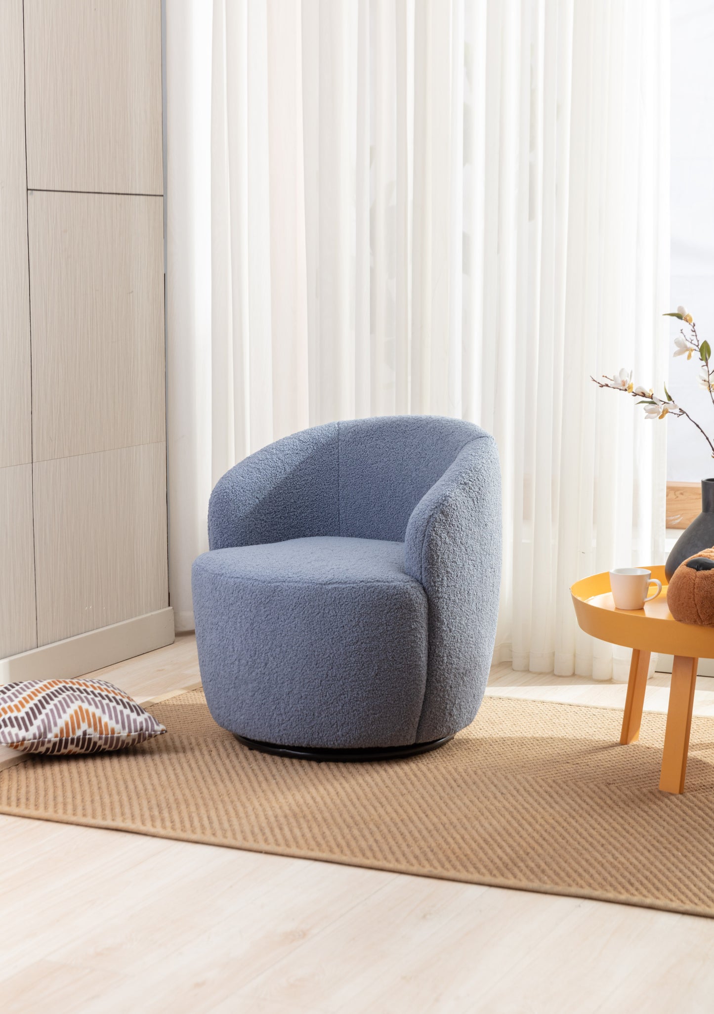 Teddy Fabric Swivel Accent Armchair Barrel Chair With Black Powder Coating Metal Ring,Light Blue