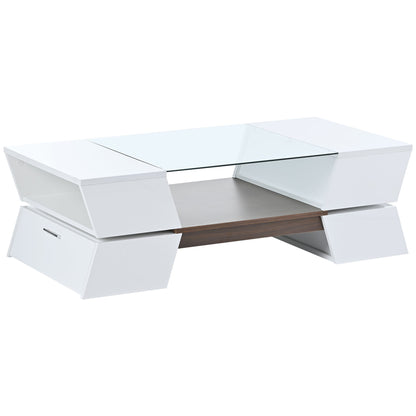 ON-TREND 6mm Glass-Top Coffee Table with Open Shelves and Cabinets, Geometric Style Cocktail Table with Great Storage Capacity, Modernist 2-Tier Center Table for Living Room, White