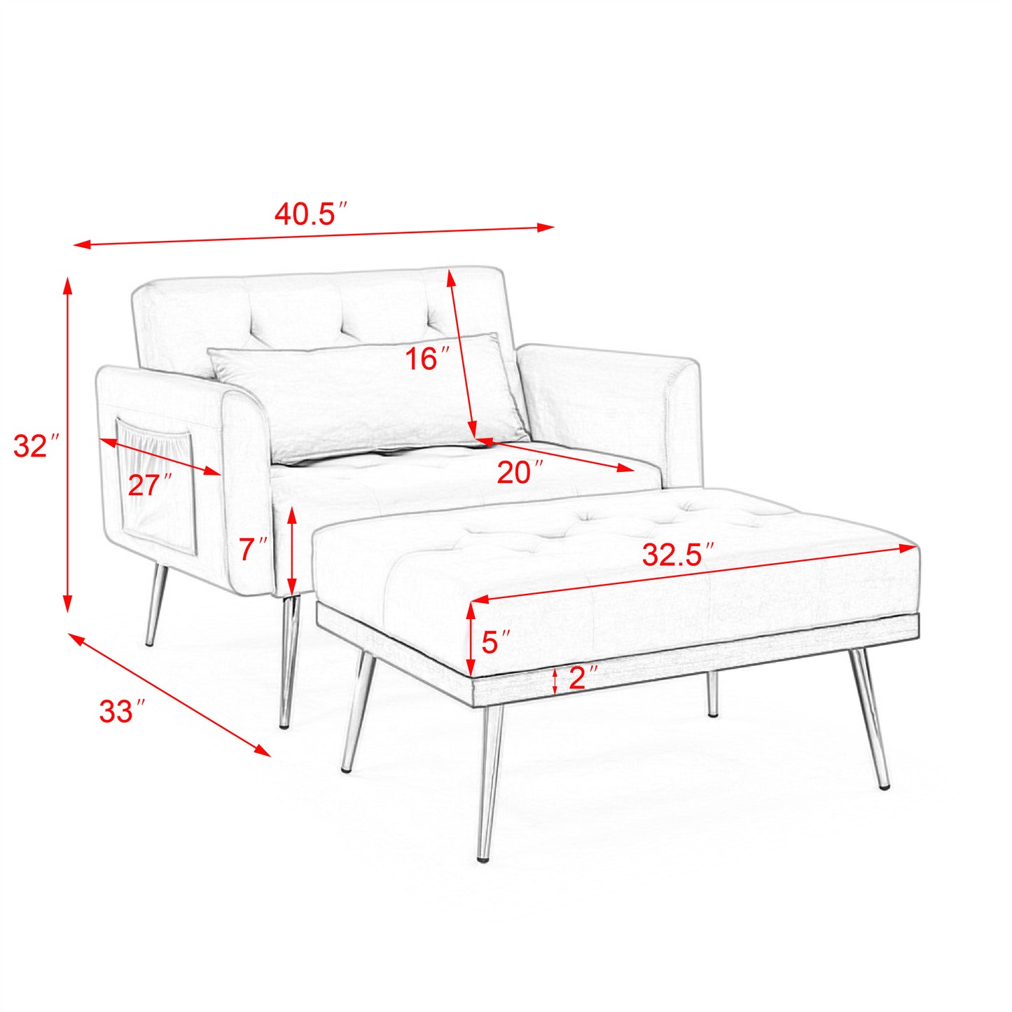 Recline Sofa Chair with Ottoman, Two Arm Pocket and Wood Frame include 1 Pillow,White (40.5"x33"x32")